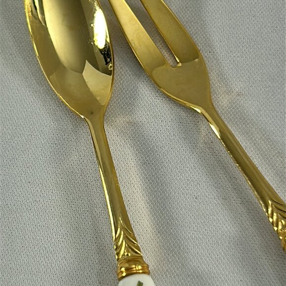 Vintage Bethel House Cocktail Forks Spoons Set Gold Porcelain Handles Tulips - Picture 6 of 14